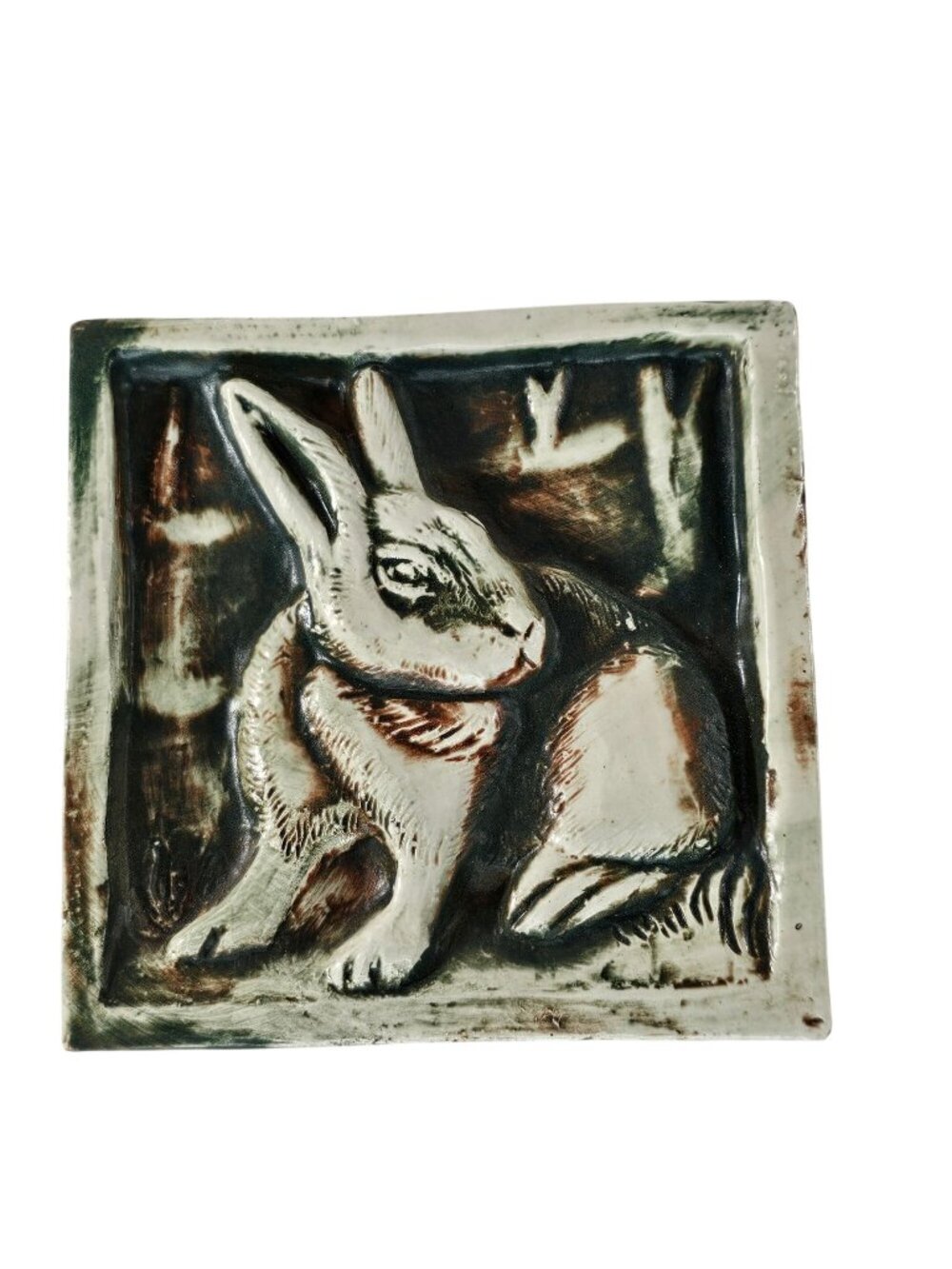 Vintage Handcrafted Ceramic Bunny Rabbit Relief Wall Tile Rustic Decor 4.25"